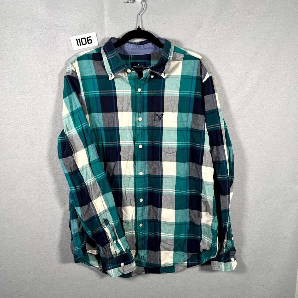 American Eagle Outfitters Shirt Mens Large Blue Plaid Classic Fit Button Down